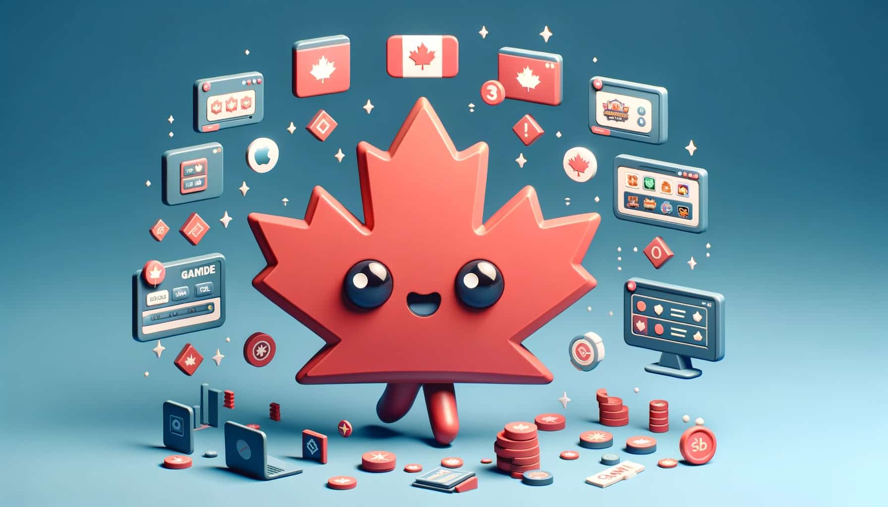 A cartoon Canada with icons representing compatible devices for Zodiac Casino app.