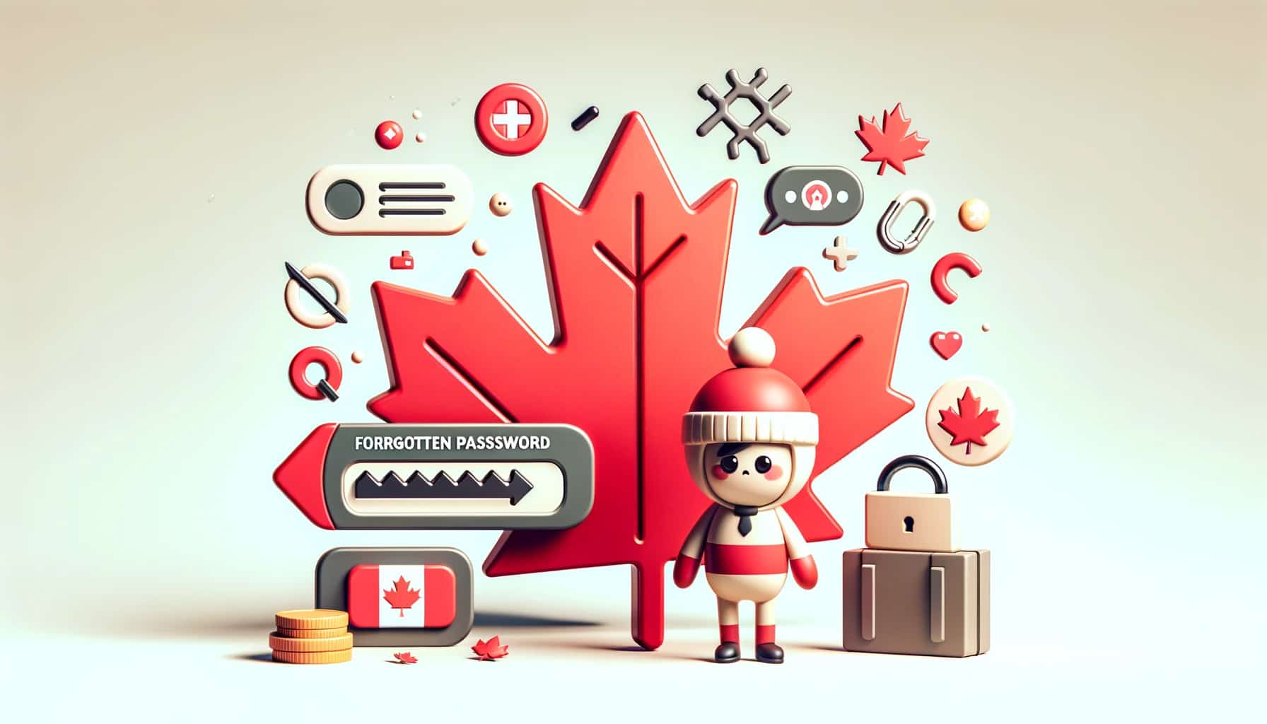 A cartoon character surrounded by Canadian symbols, such as the maple leaf, hockey sticks, and a Mountie