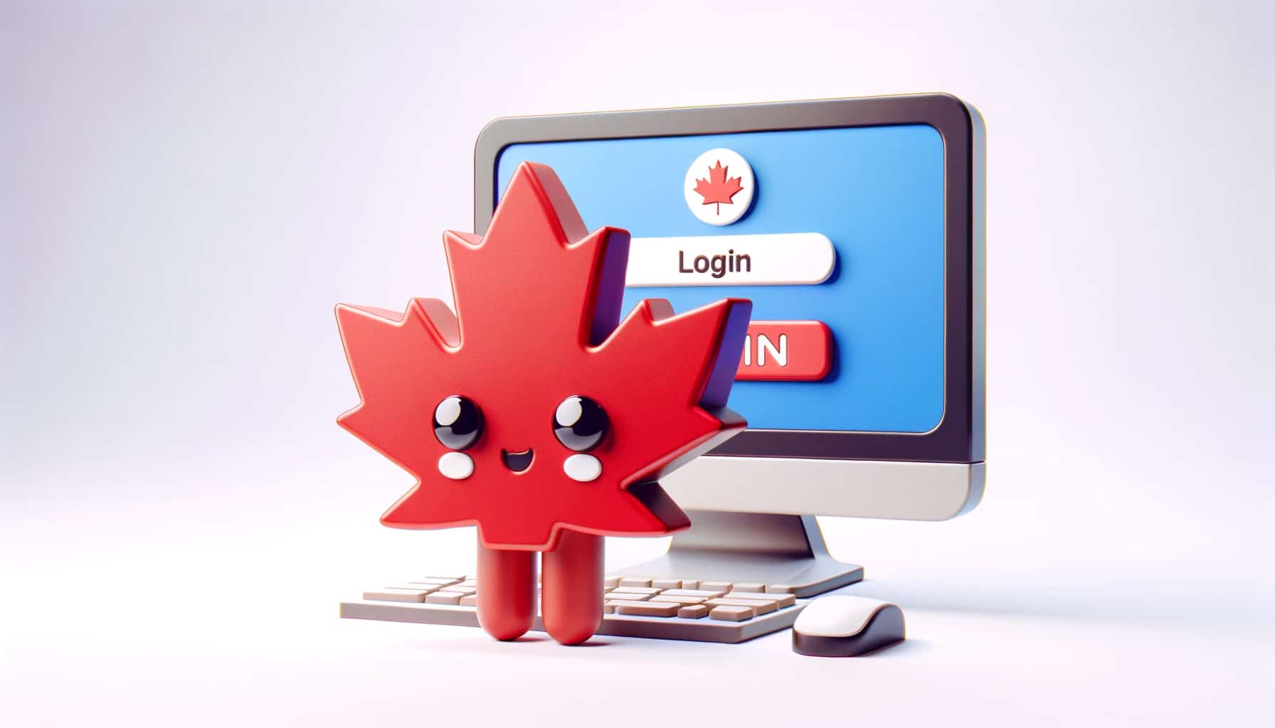 A maple figure stands near a screen with a log in form