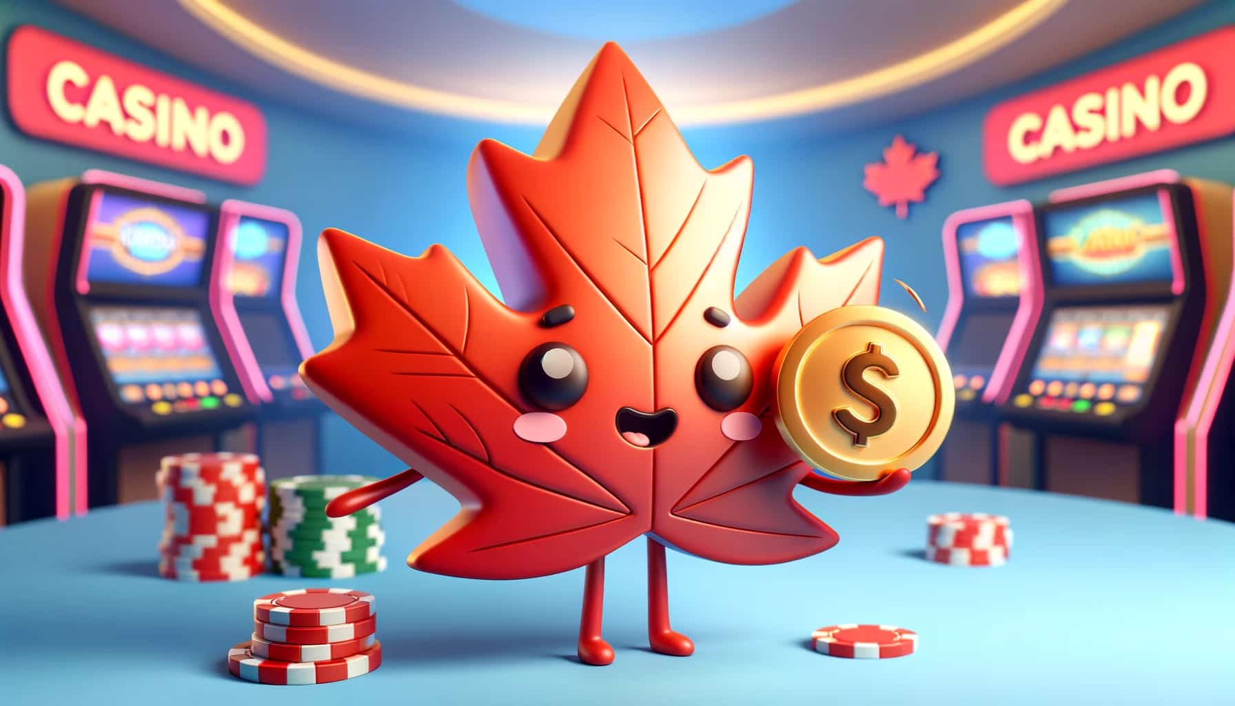 A cartoon character holding a Canadian dollar coin and a casino chip