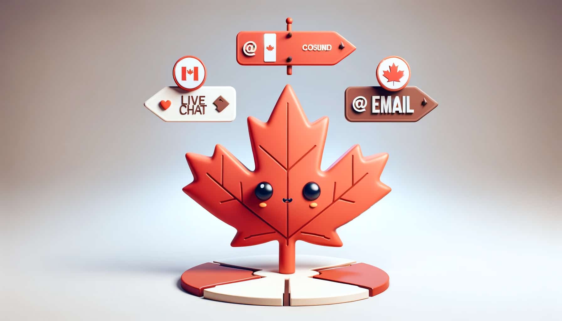 The iconic symbol of Canada is represented by a small red maple leaf accompanied by a sign that bears the country's name.