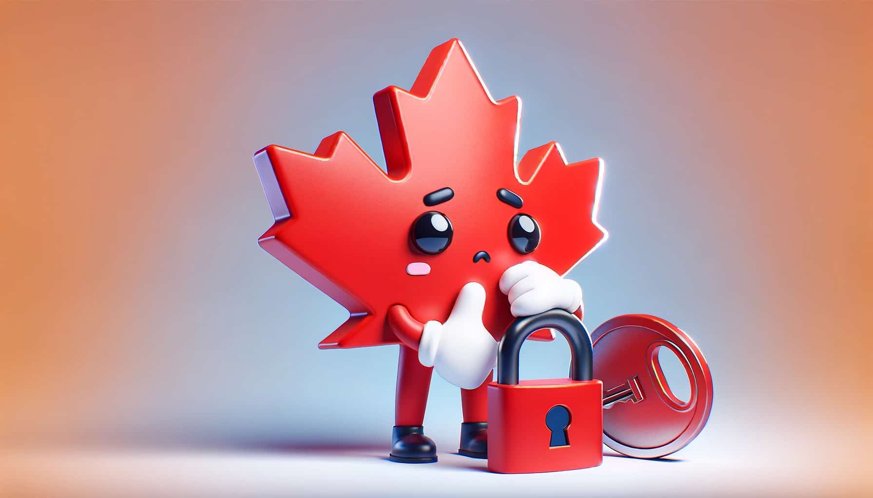 A cartoon character holding a padlock and a Canada maple leaf, symbolizing security