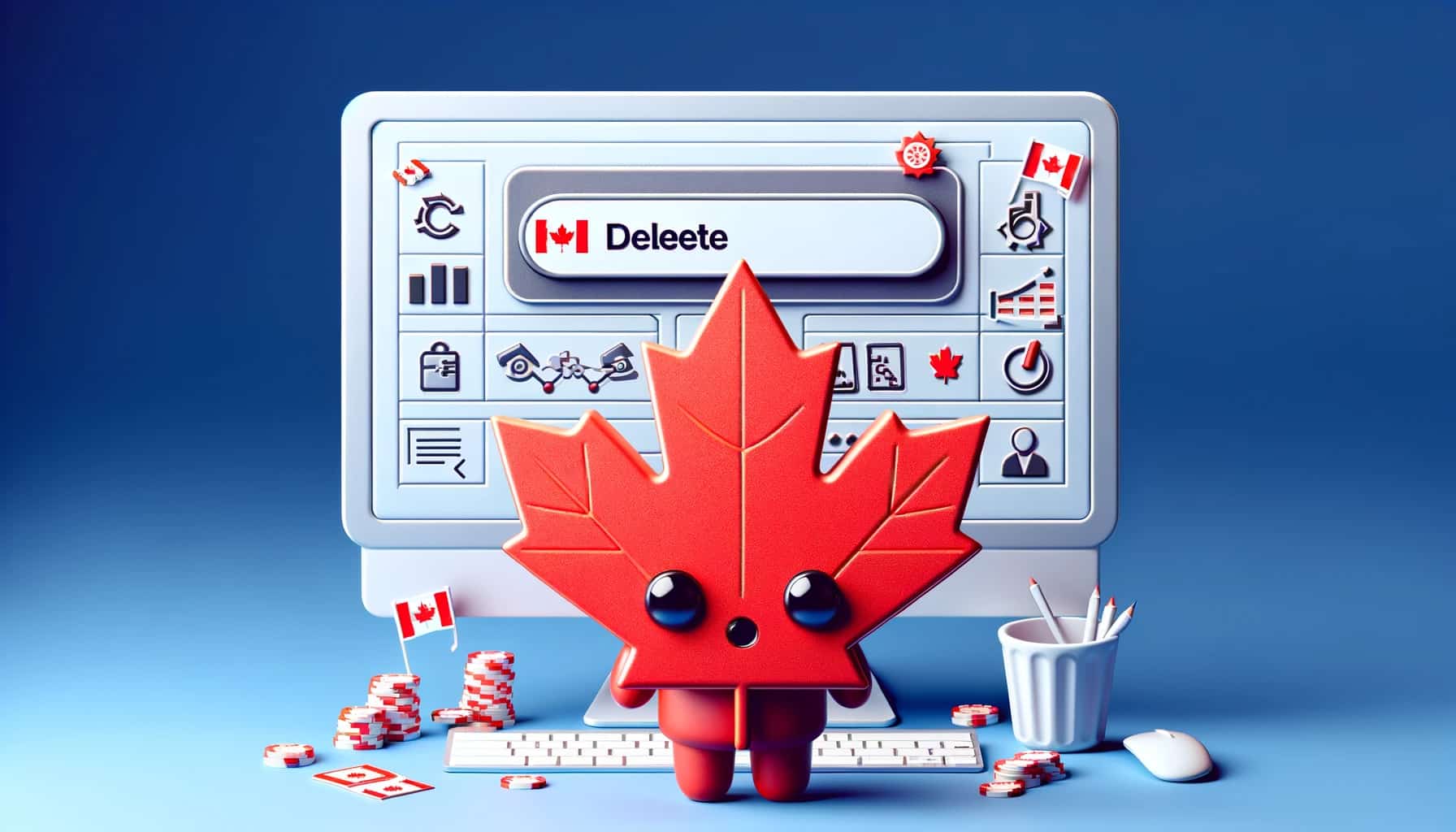 Canadian maple leaf on a computer screen symbolizes the delete process at casino