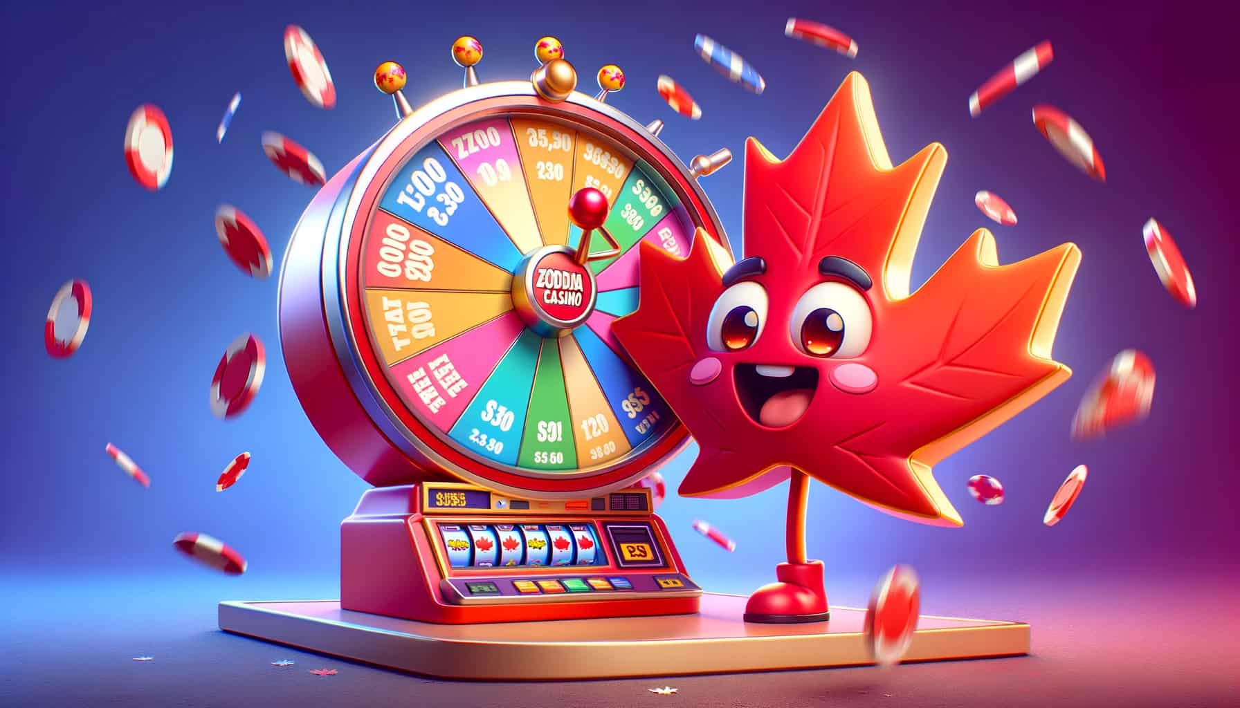 A cartoon character holding a slot machine adorned with a maple leaf
